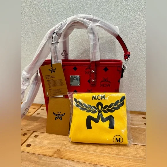 MCM Red Logo Tote with Black Monogram Accents - Picture 3 of 9